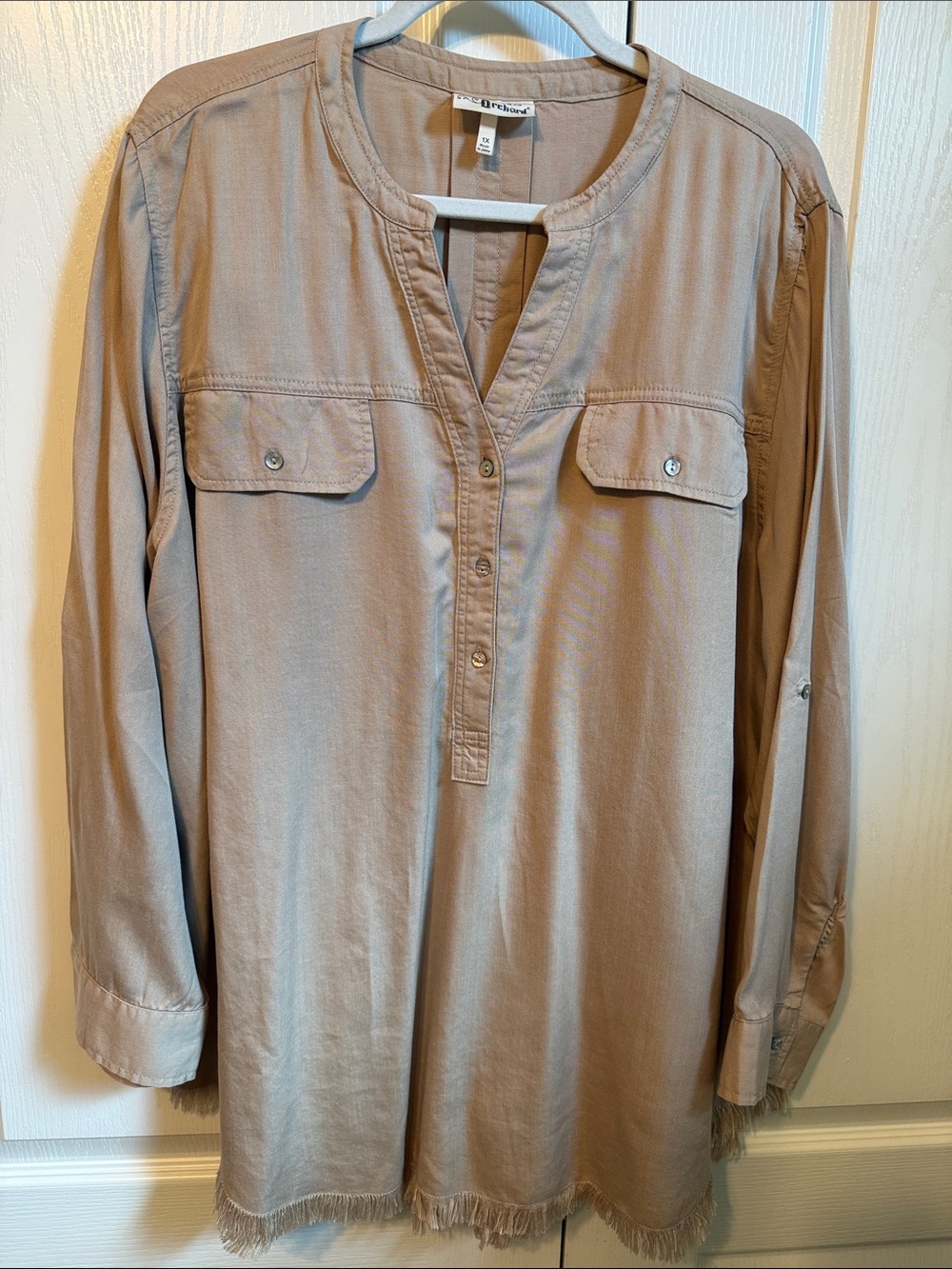 Light Taupe Henley Tunic with Fringe Hem